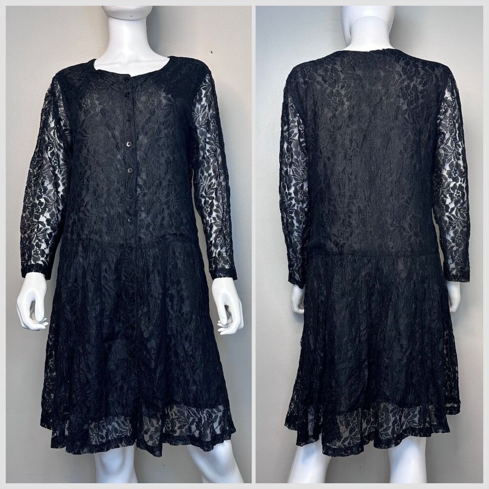 Vintage 1990s Black Lace Drop Waist Dress, Passports of Pier 1 Imports Size S/M